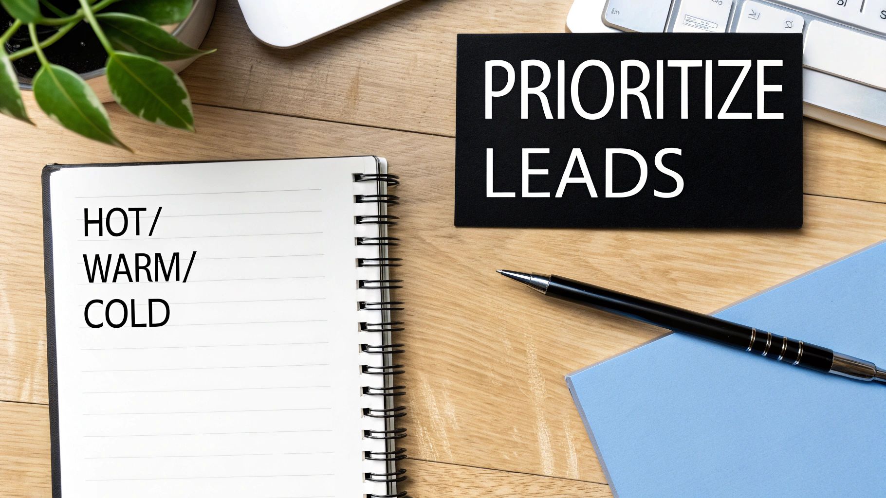 A flat lay of a desk showing a notebook with 'HOT/ WARM/ COLD' and a card saying 'PRIORITIZE LEADS' for sales.