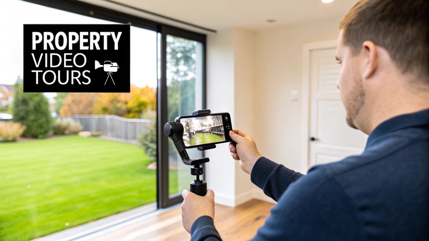 A real estate agent using a smartphone to film a property walkthrough.