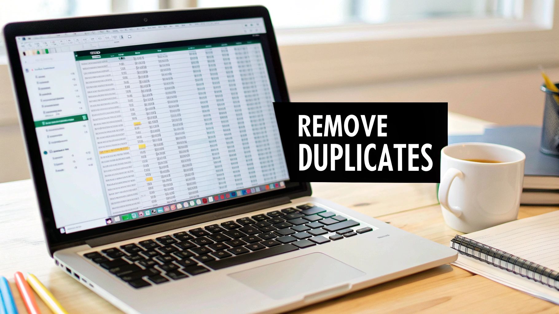 A laptop shows an Excel spreadsheet with 'REMOVE DUPLICATES' text, next to a coffee mug on a wooden desk.