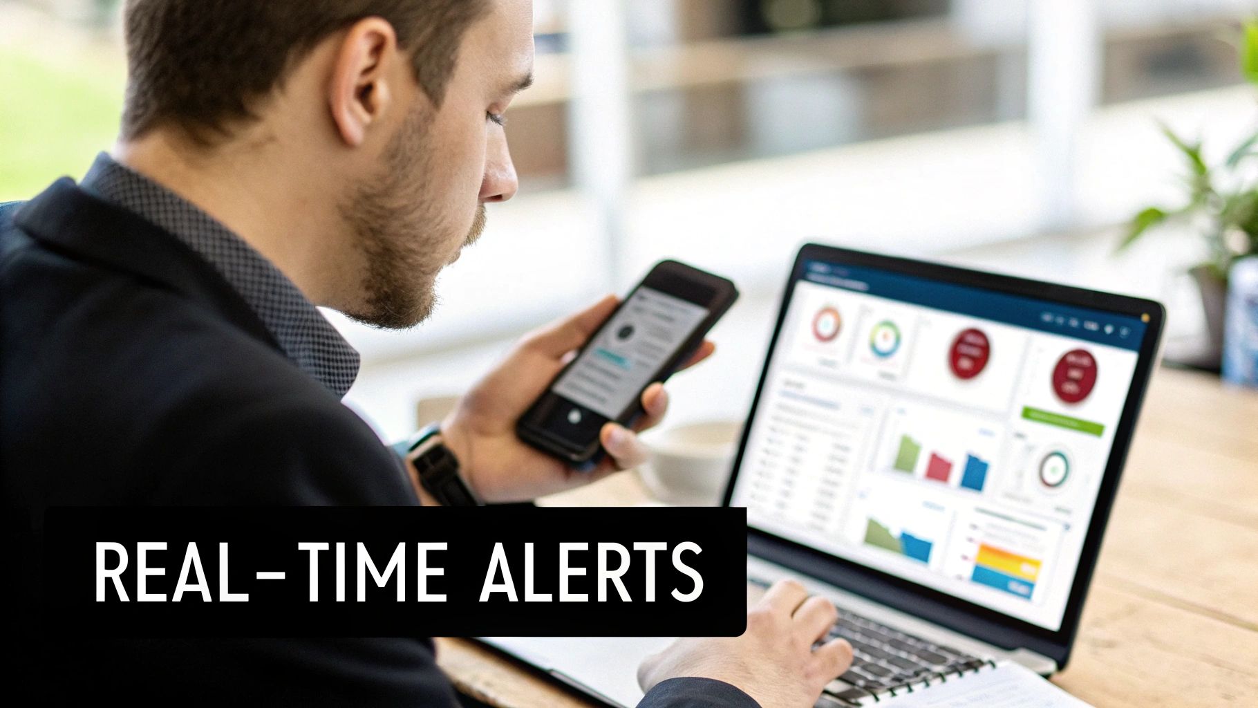 A man monitors real-time alerts on his smartphone while working on a laptop displaying data analytics.