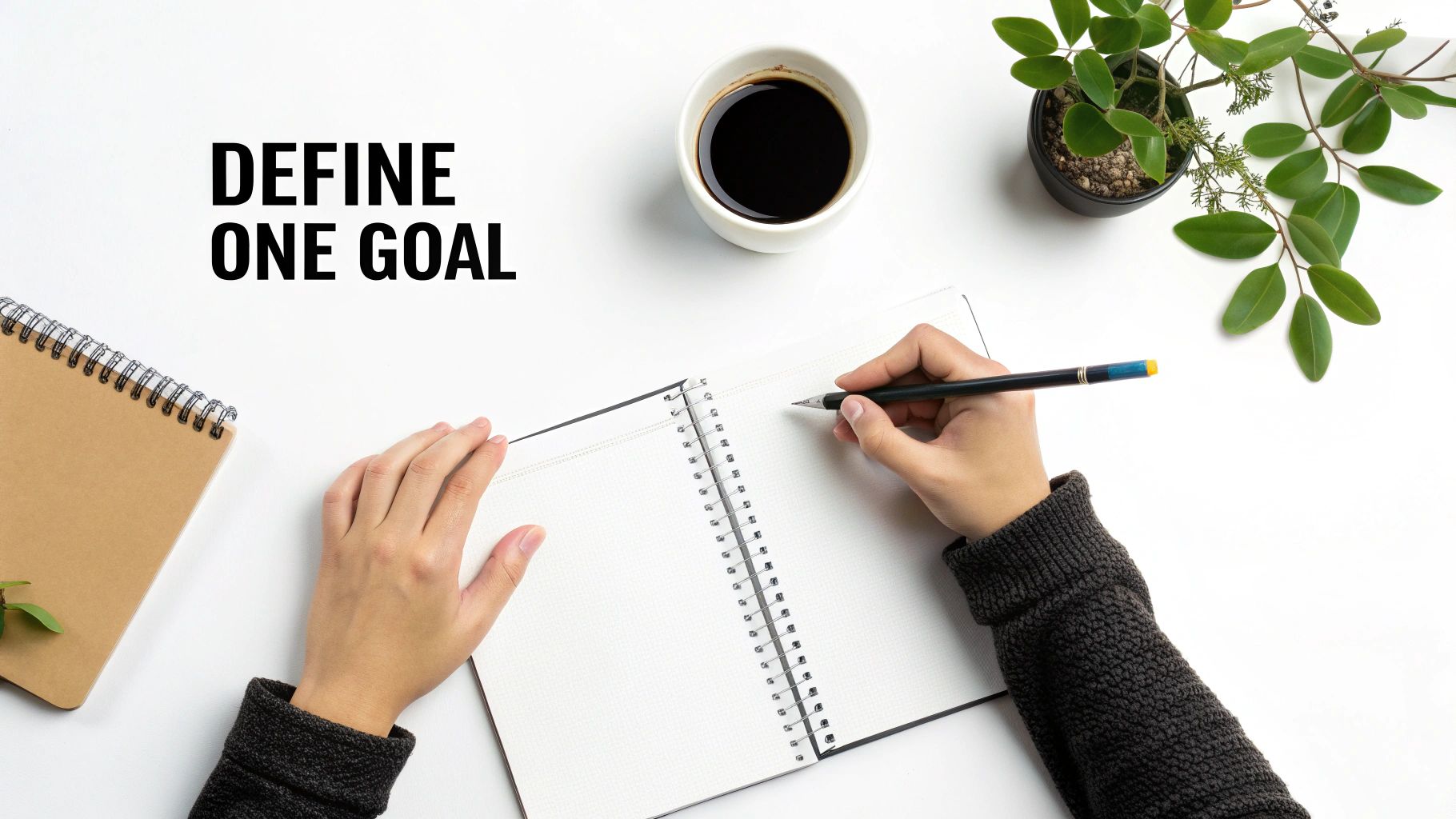 Top-down view of hands writing in a spiral notebook on a desk with 'DEFINE ONE GOAL' text.