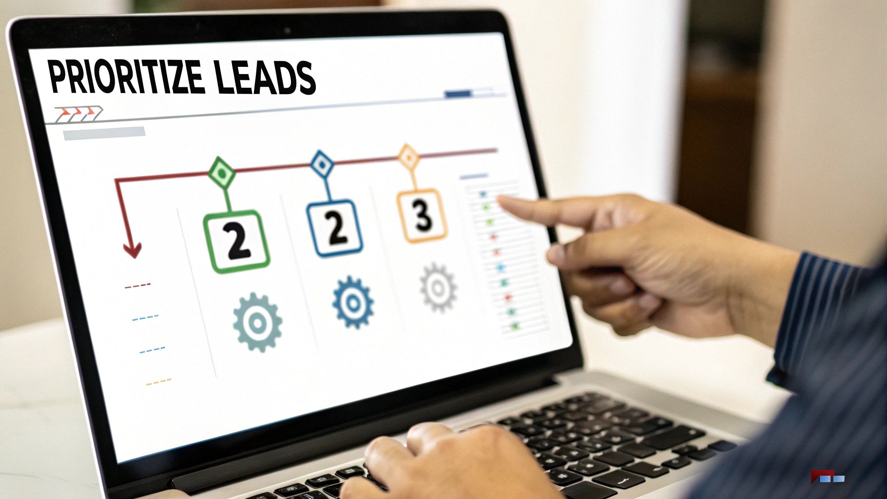 A person's hands interact with a laptop displaying a 'Prioritize Leads' workflow diagram.