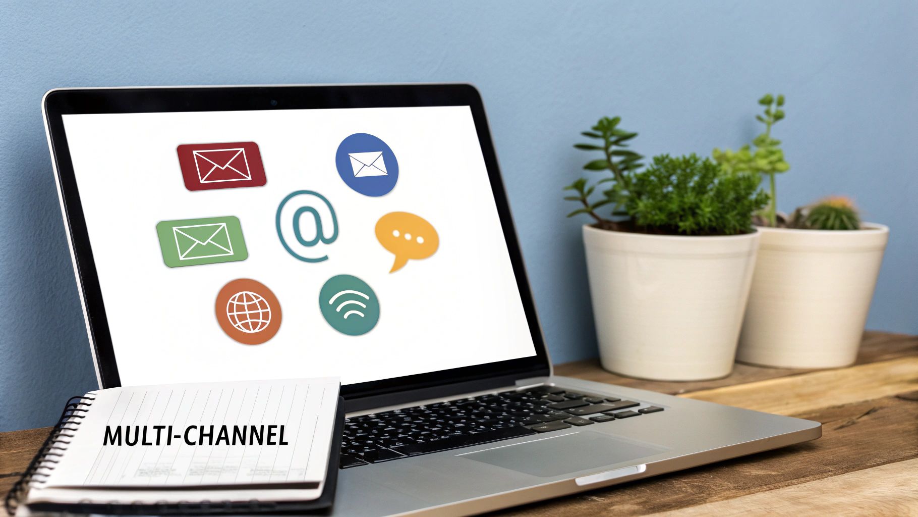 A diagram illustrating a multi-channel follow-up strategy, showing icons for email, phone, social media, and text messages all pointing towards a central customer profile.