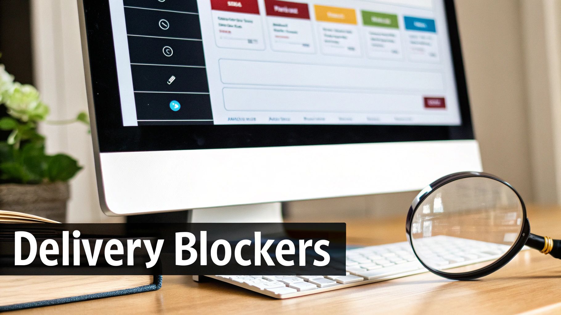 A desk with a computer displaying a dashboard, a keyboard, and a magnifying glass, focusing on delivery blockers.