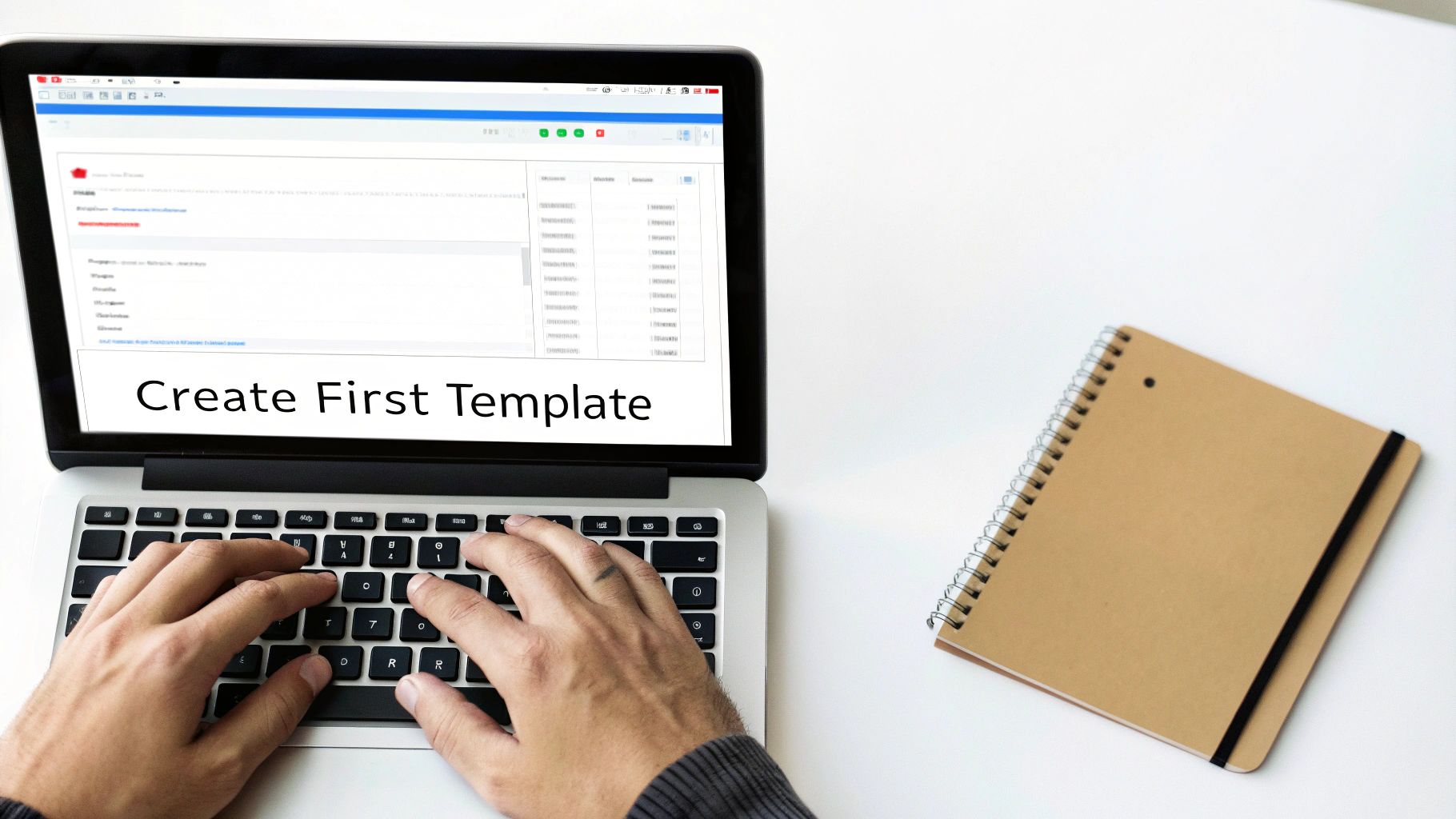Person's hands typing on a laptop displaying 'Create First Template' on screen, with a notebook.