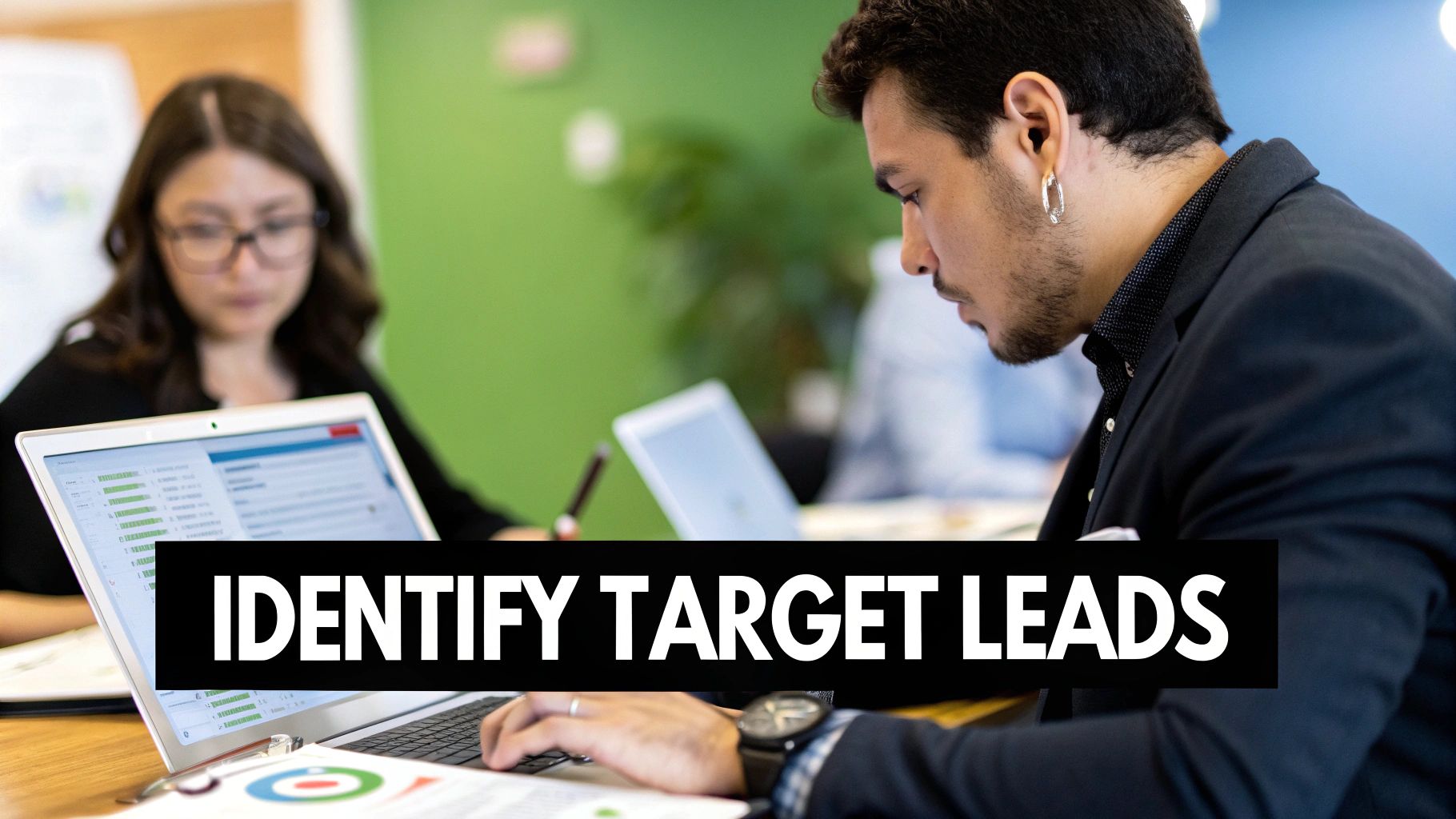 A sales representative analyzes a chart showing lead conversion rates on a transparent screen.