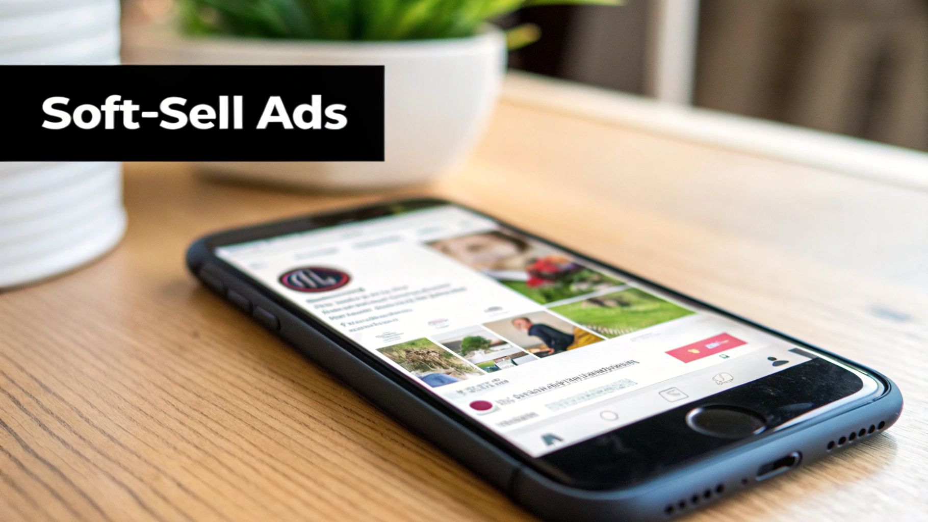 A smartphone on a wooden desk displaying social media content, with a banner reading 'Soft-Sell Ads'.