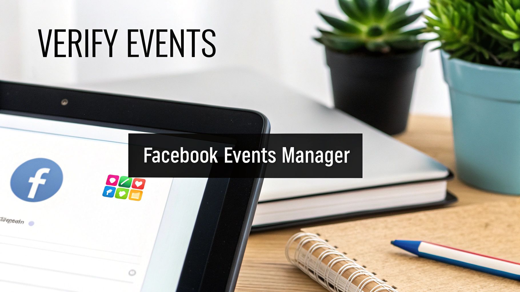 Laptop screen showing 'VERIFY EVENTS' and 'Facebook Events Manager' with the Facebook logo, on a desk with plants.