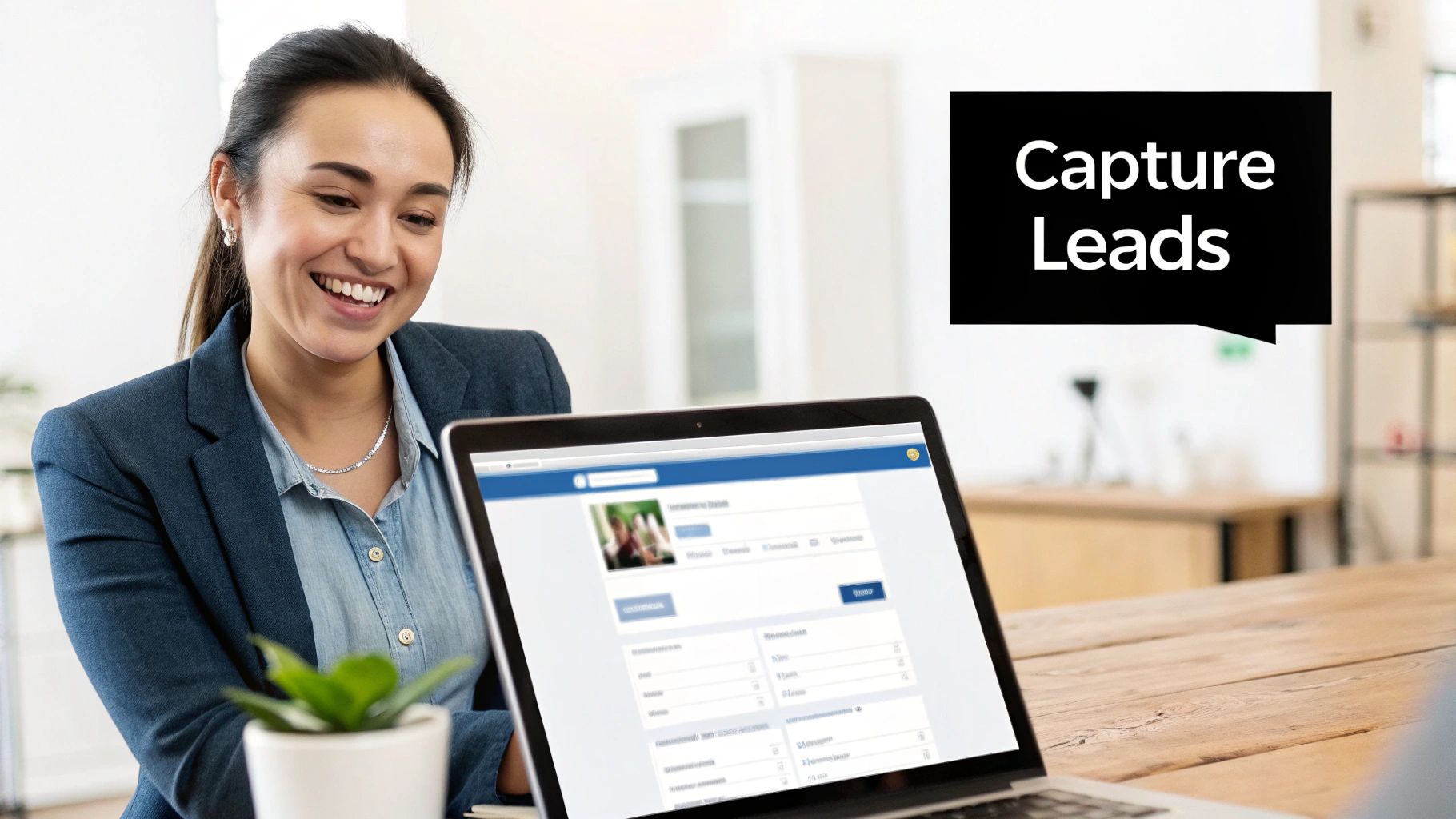 A simplified graphic showing a Facebook icon connected to a CRM icon with data flowing between them, representing seamless integration.