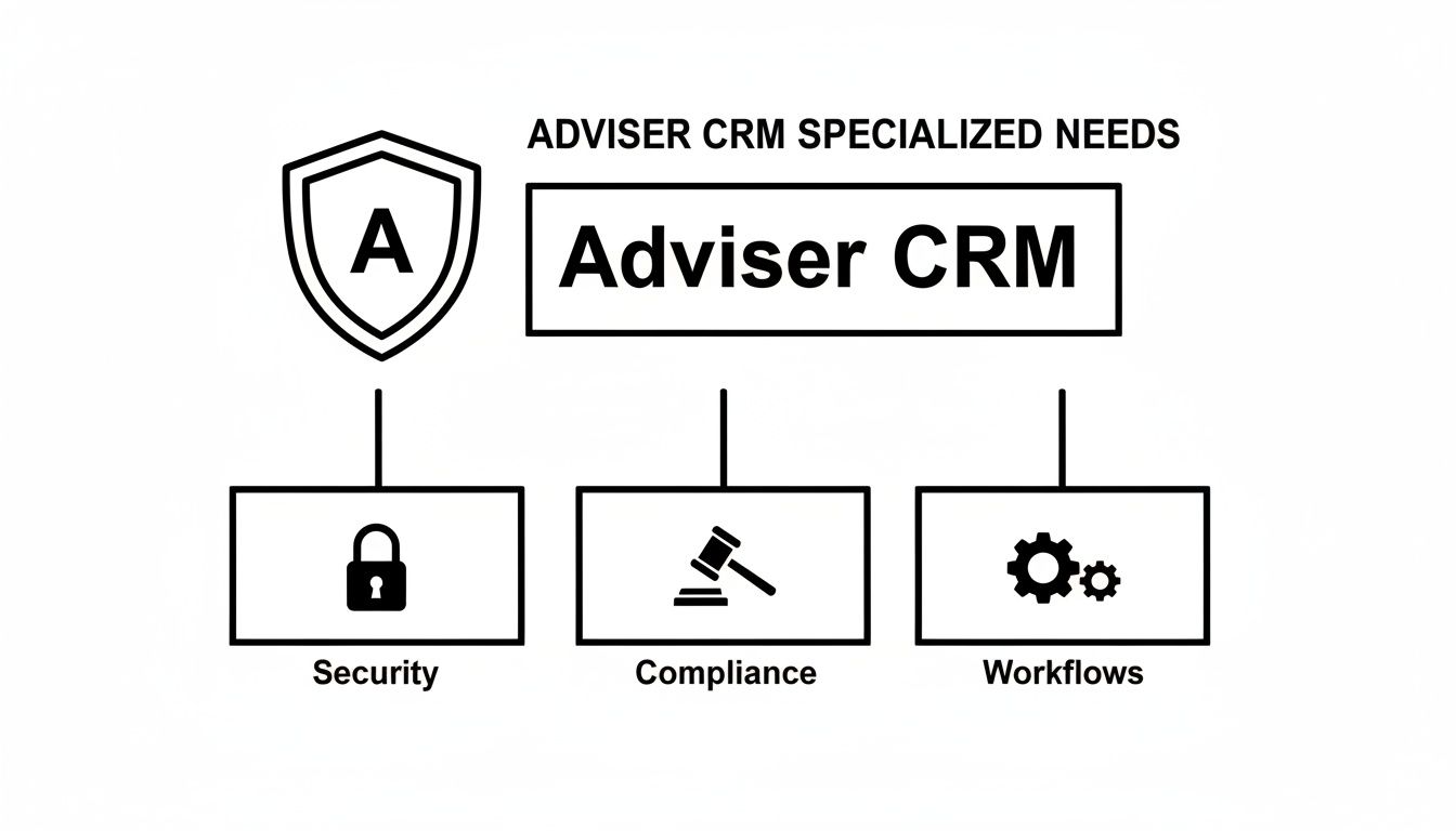 Diagram illustrating specialized needs for Adviser CRM, including security, compliance, and workflows.