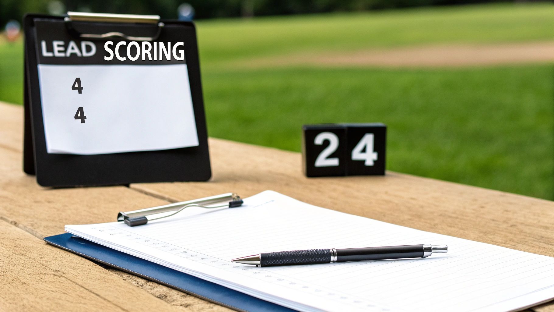 A clipboard displaying 'LEAD SCORING' with numbers 4 and 4, next to a clock showing 24 on a table.