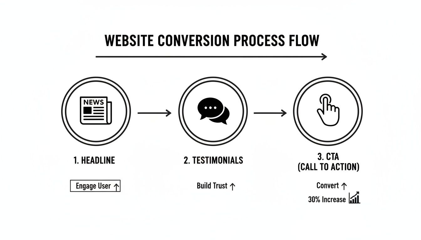 Flowchart illustrating a website conversion process: Headline for engagement, Testimonials for trust, and CTA for conversion.