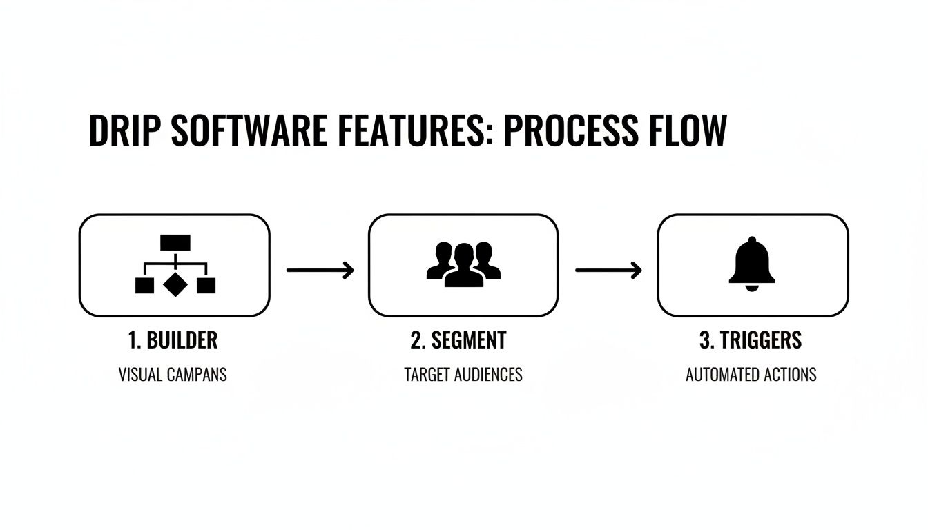 A three-step process flow for drip software features: builder, segment, and triggers.