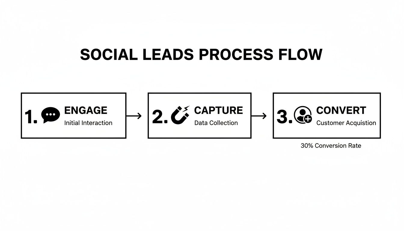 Social leads process flow diagram illustrating engage, capture, and convert stages with a 30% conversion rate.