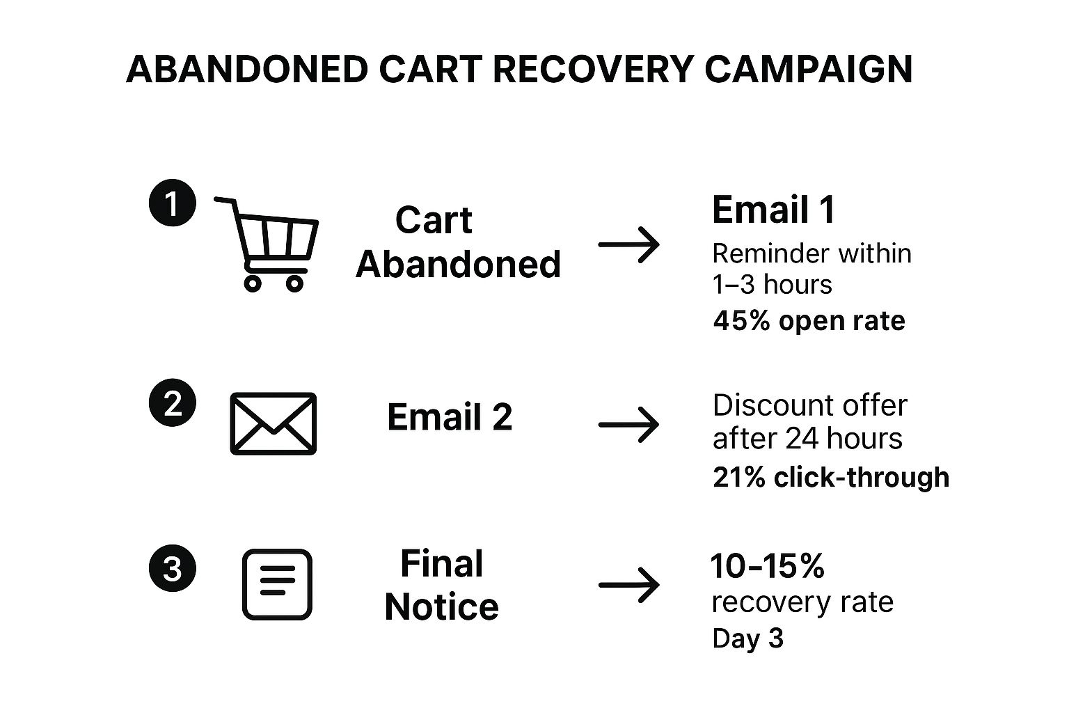 Infographic showing the three-step process of an Abandoned Cart Recovery Campaign, from initial reminder to final notice, including key performance metrics.
