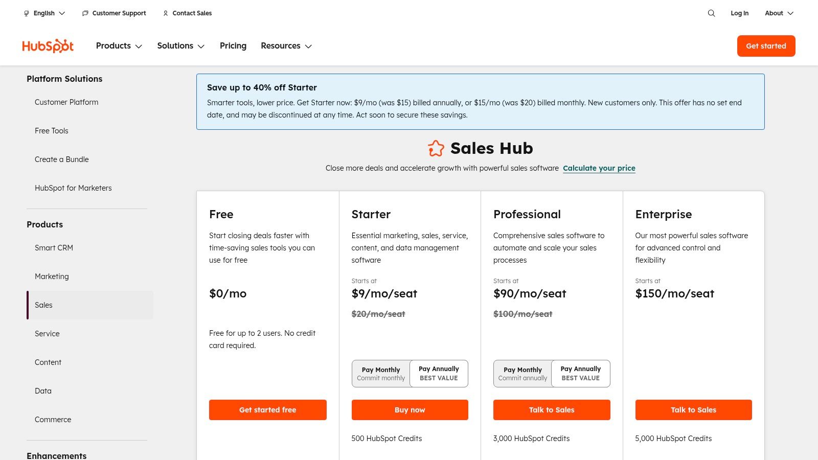 HubSpot Sales Hub (HubSpot CRM) Pricing Page