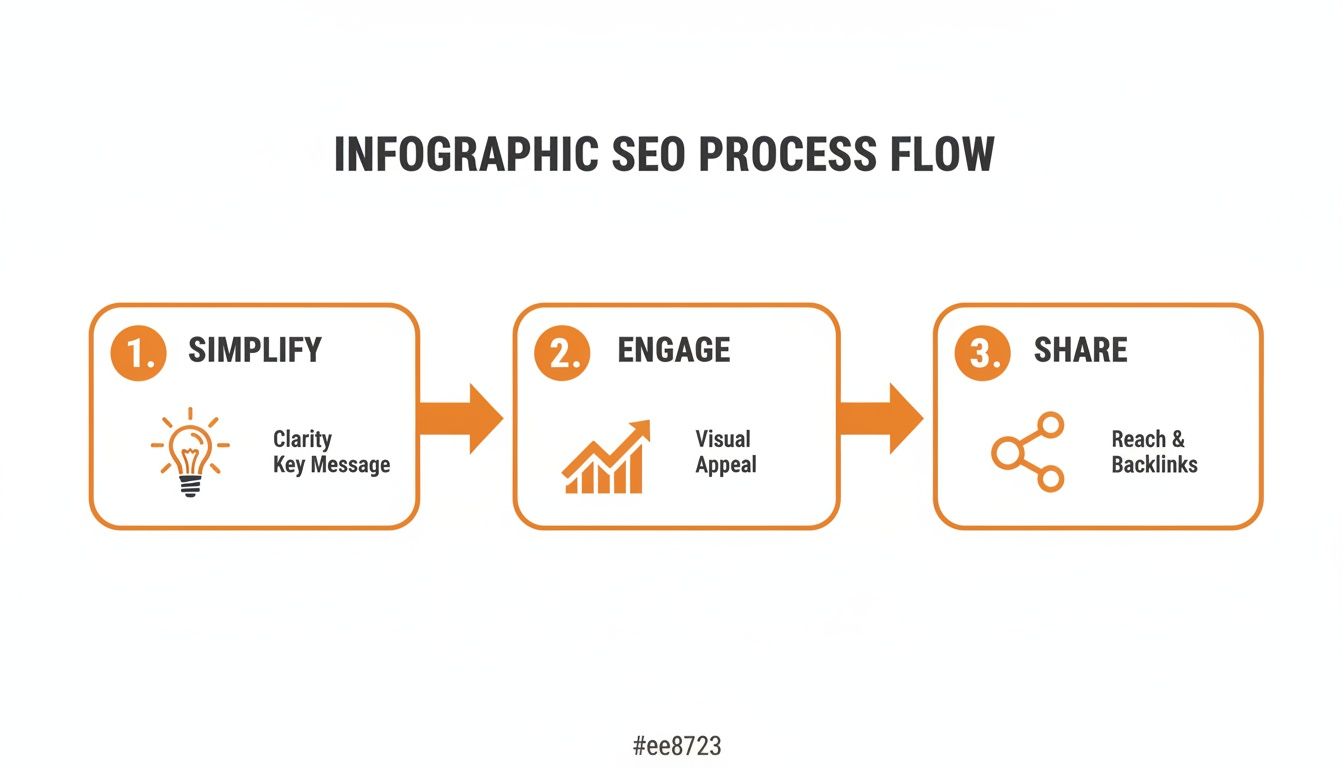 Infographic showing a 3-step SEO process flow: Simplify, Engage, Share, with icons and descriptions.