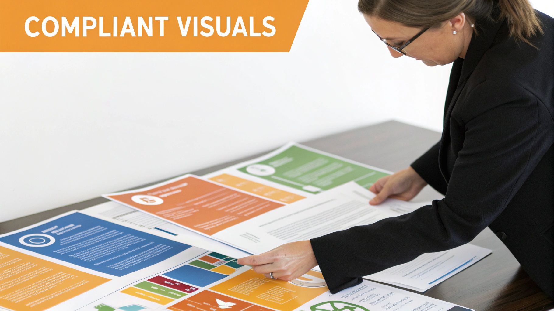 A woman in glasses reviews colorful infographics and visual reports spread across a table.