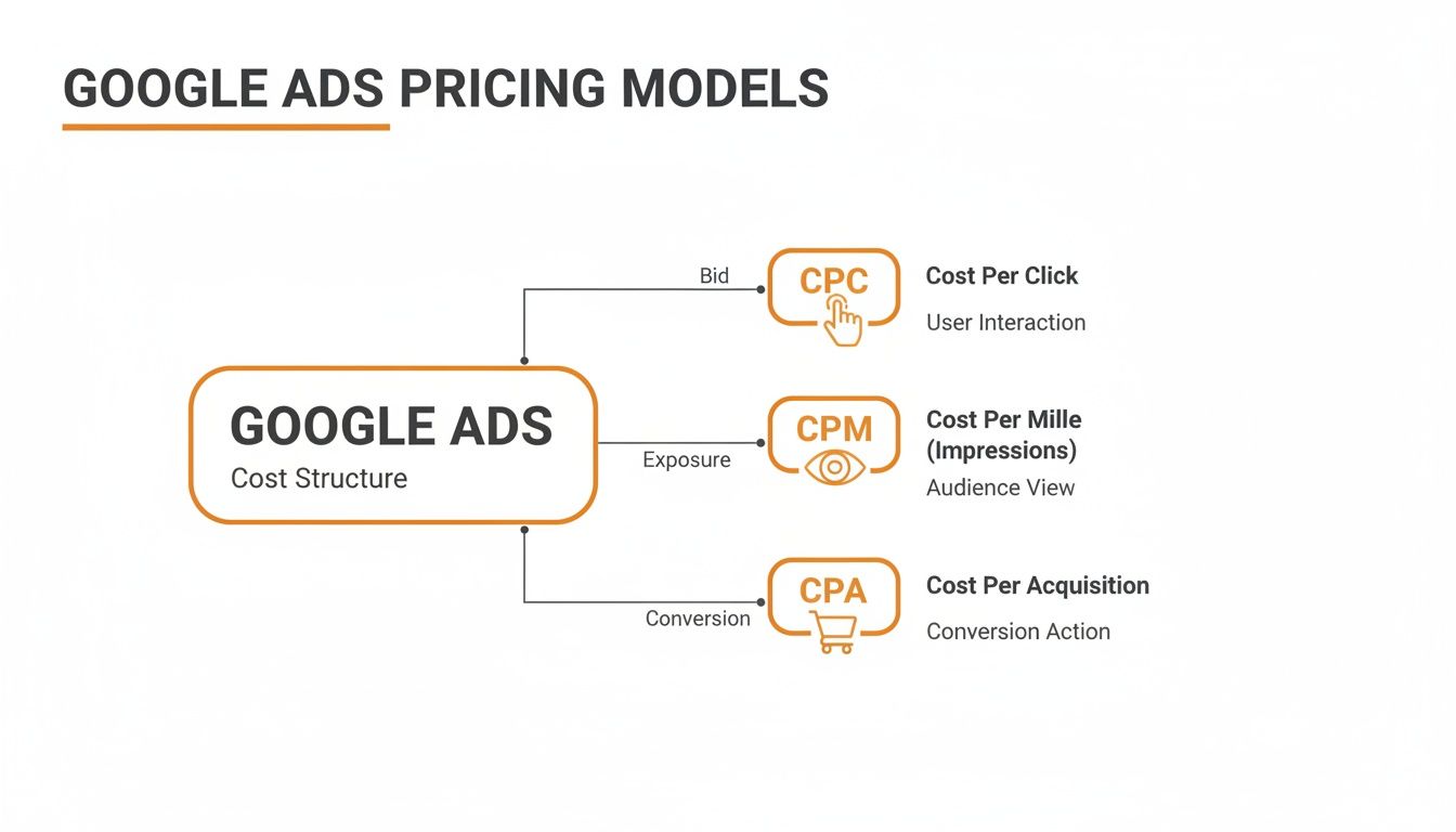 A diagram illustrating Google Ads pricing models: Cost Per Click (CPC), Cost Per Mille (CPM), and Cost Per Acquisition (CPA).