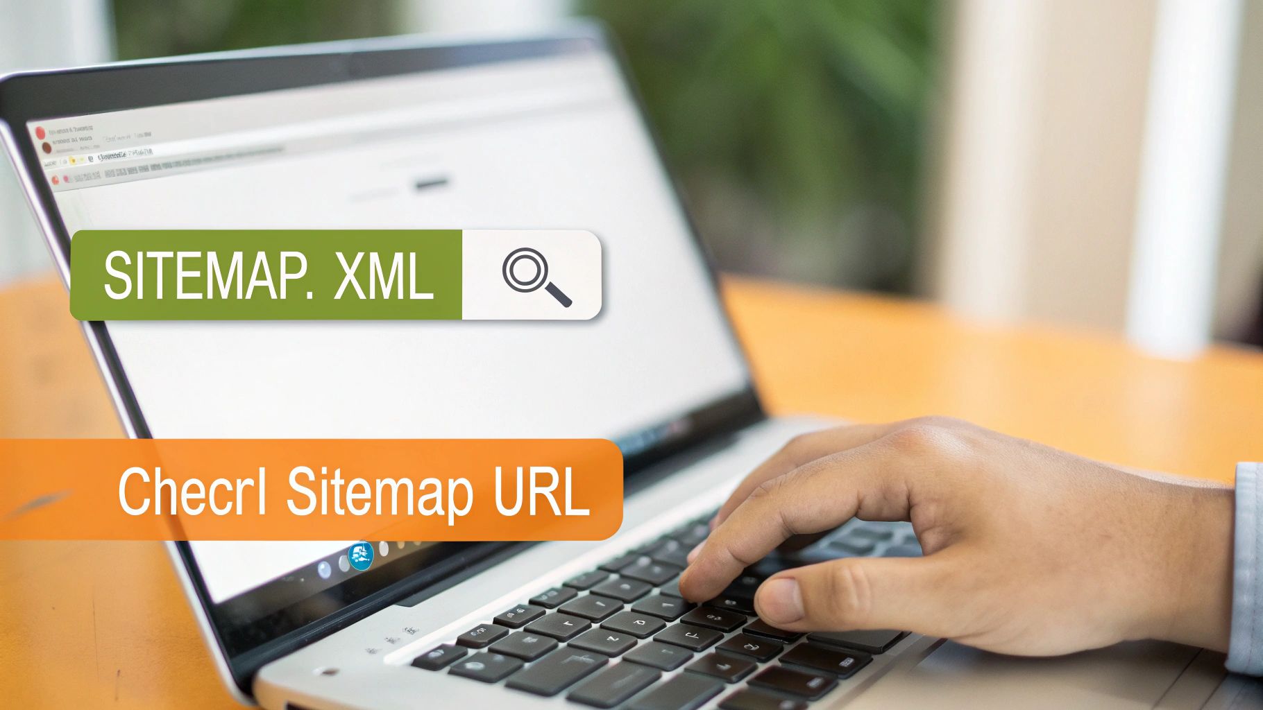 A person types on a laptop, searching for 'SITEMAP. XML' to check a website's sitemap URL.