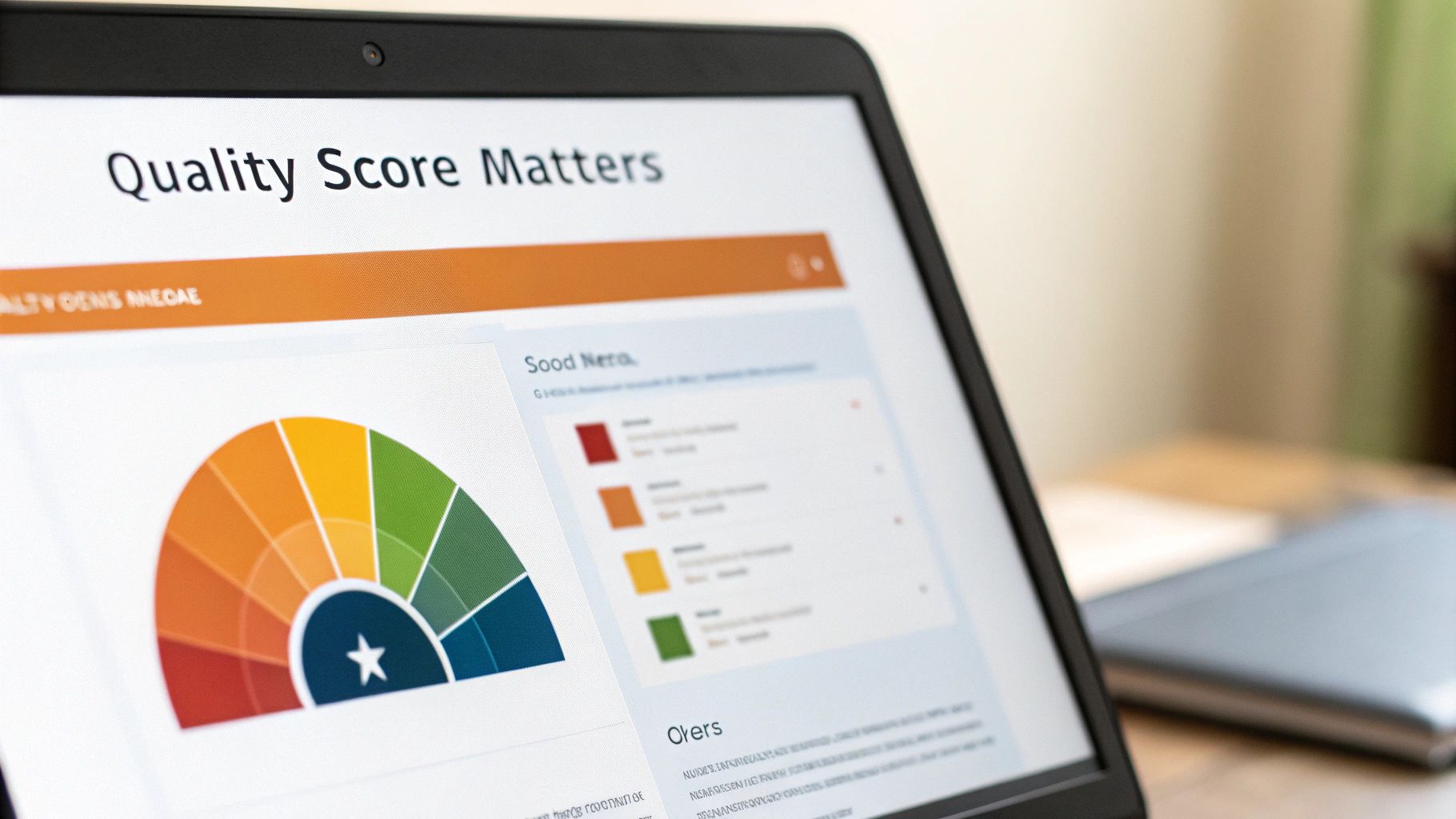 Close-up of a laptop screen showing a quality score dashboard with a multi-colored gauge and star icon.