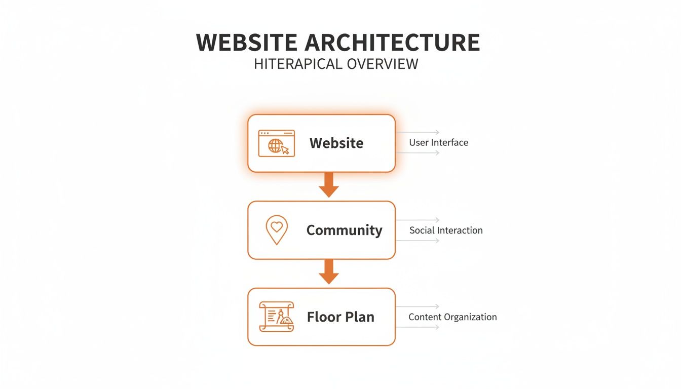 Website architecture diagram showing hierarchical layers: Website, Community, and Floor Plan, with their functions.