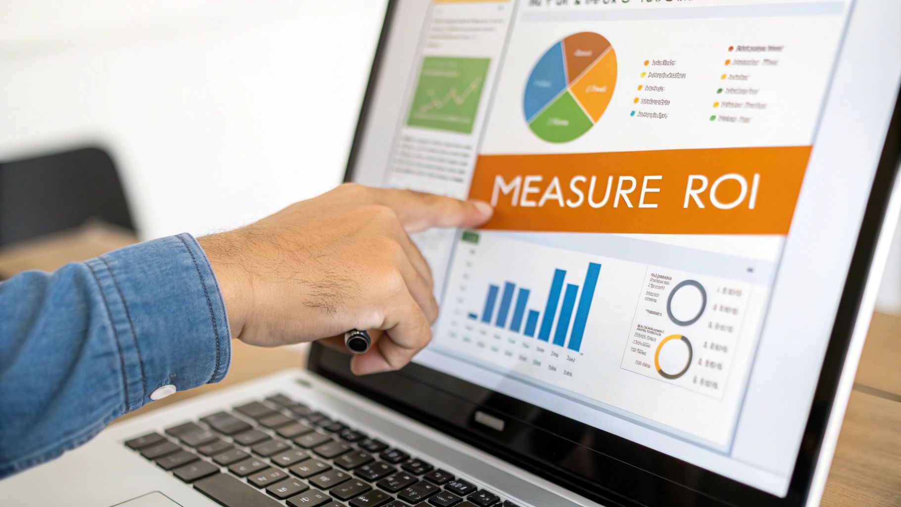 A hand points at a laptop screen with business analytics, charts, and 'MEASURE ROI' displayed.