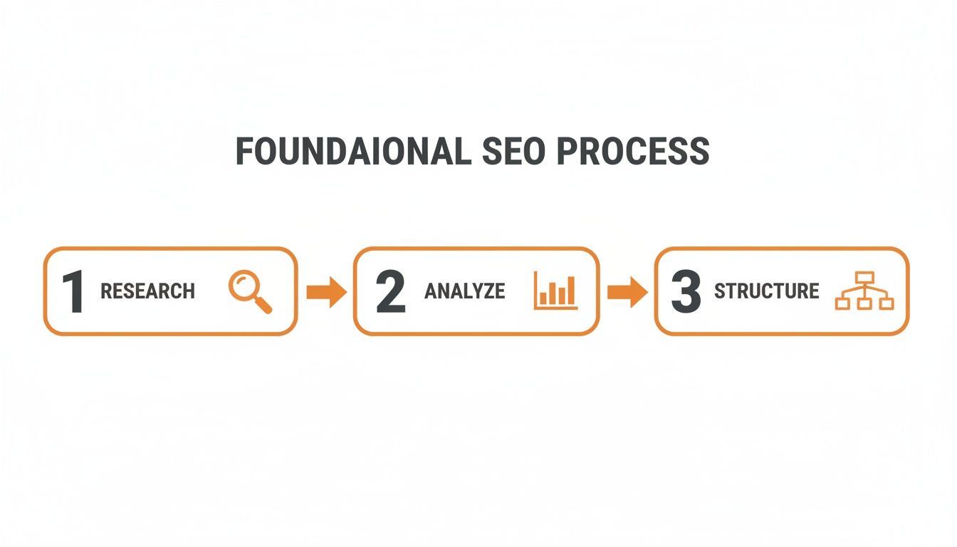 Diagram illustrating the foundational SEO process with three steps: Research, Analyze, and Structure.