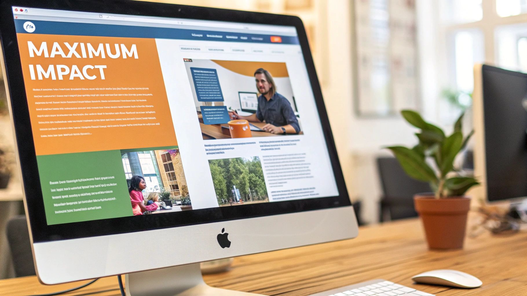 A close-up of an Apple iMac displaying a webpage with 'MAXIMUM IMPACT' title on a wooden desk.
