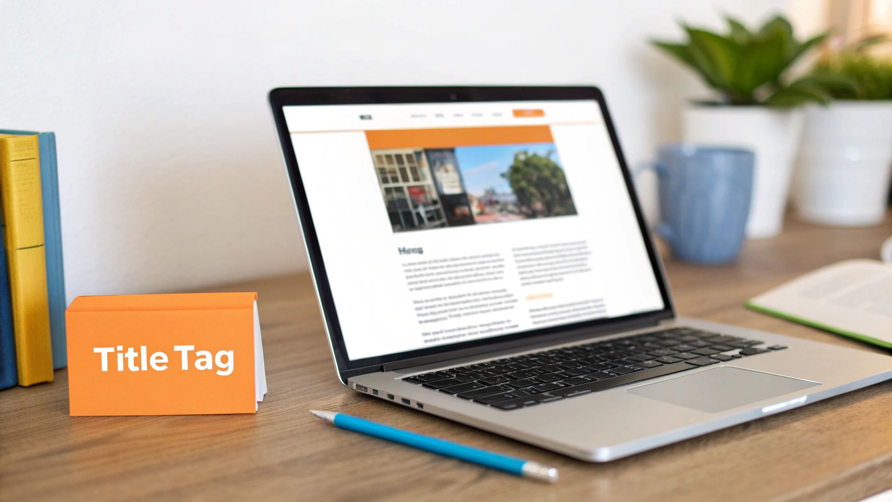 A laptop on a wooden desk displaying a webpage, with an orange "Title Tag" sign and books nearby.