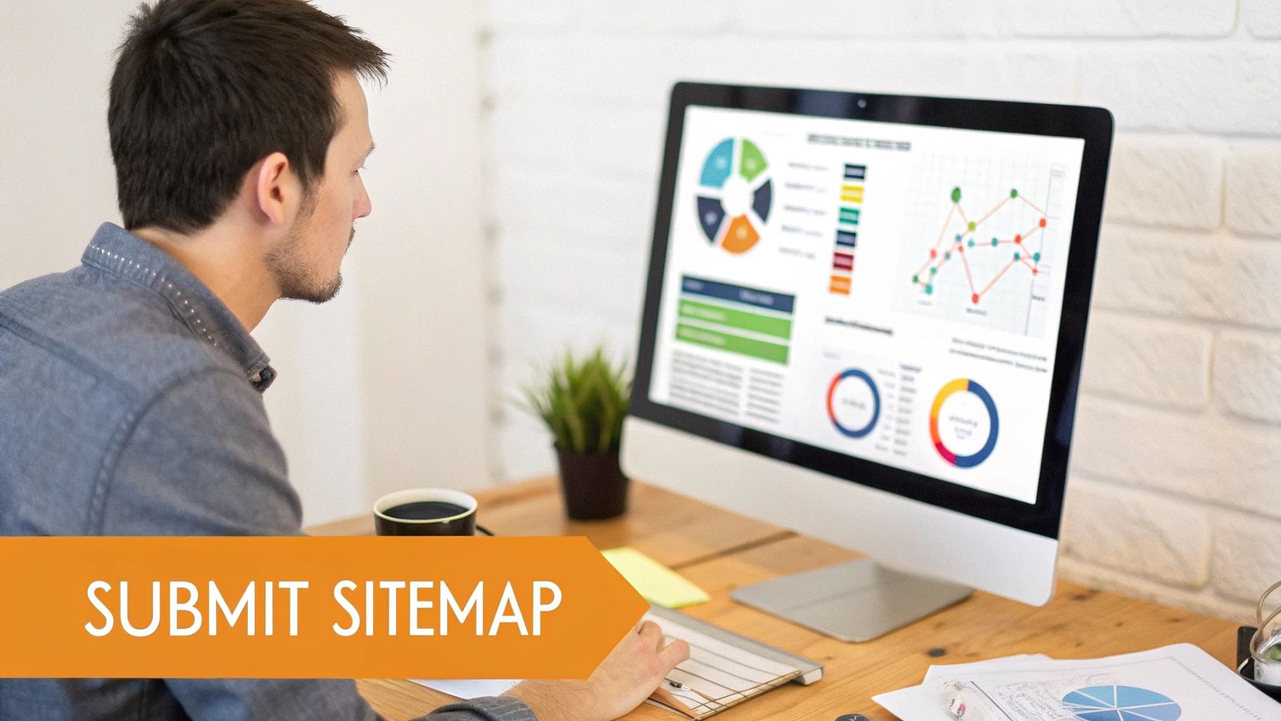 Man viewing website analytics on a monitor with 'SUBMIT SITEMAP' banner, optimizing his site.