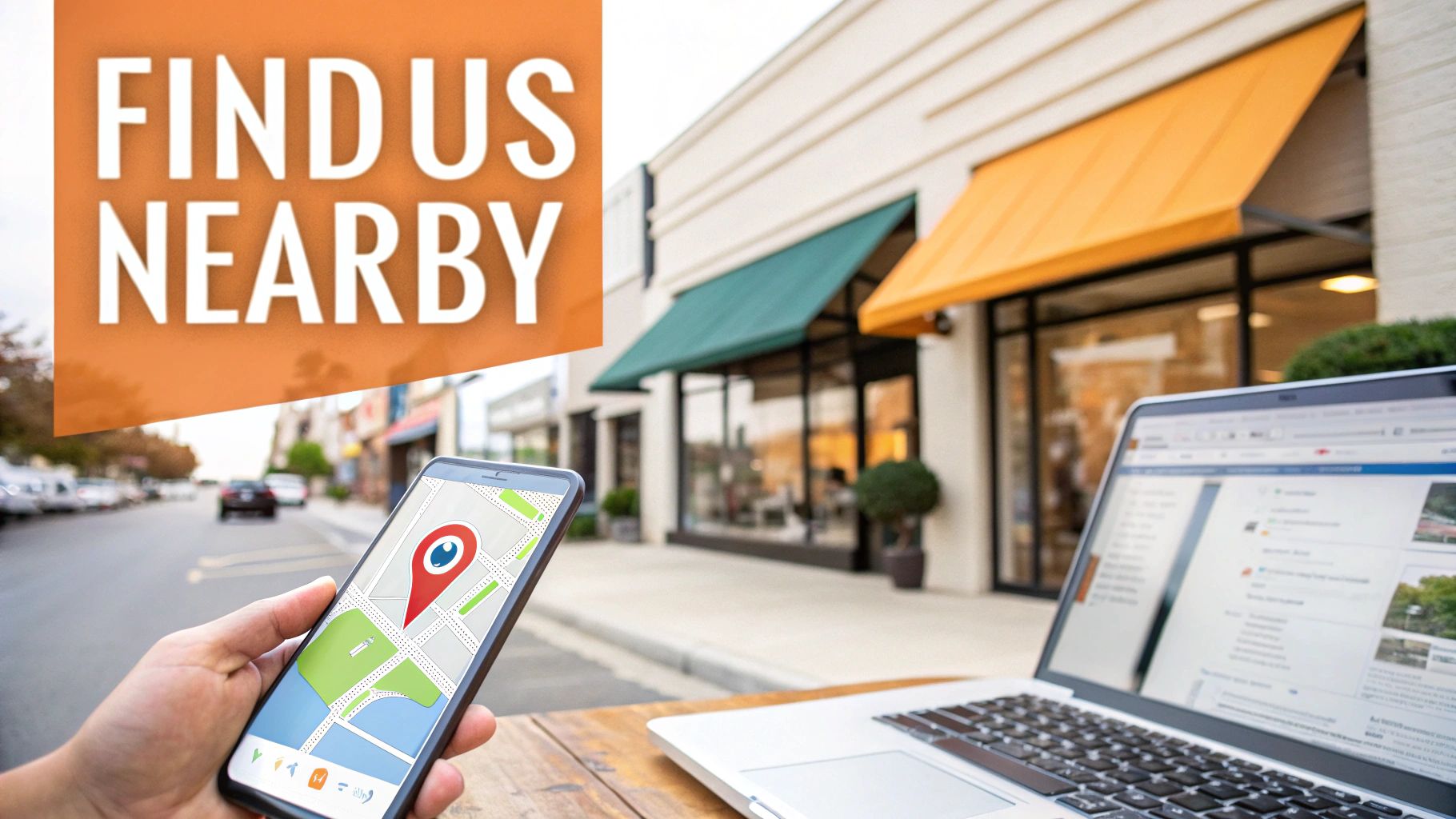 Person holding smartphone with map and location pin, 'FIND US NEARBY' text, and shops in the background.