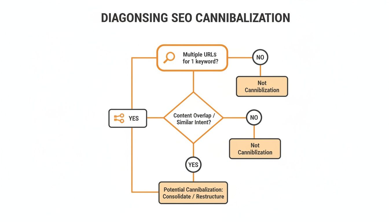 Flowchart for diagnosing SEO cannibalization, guiding users through URL and content overlap analysis.