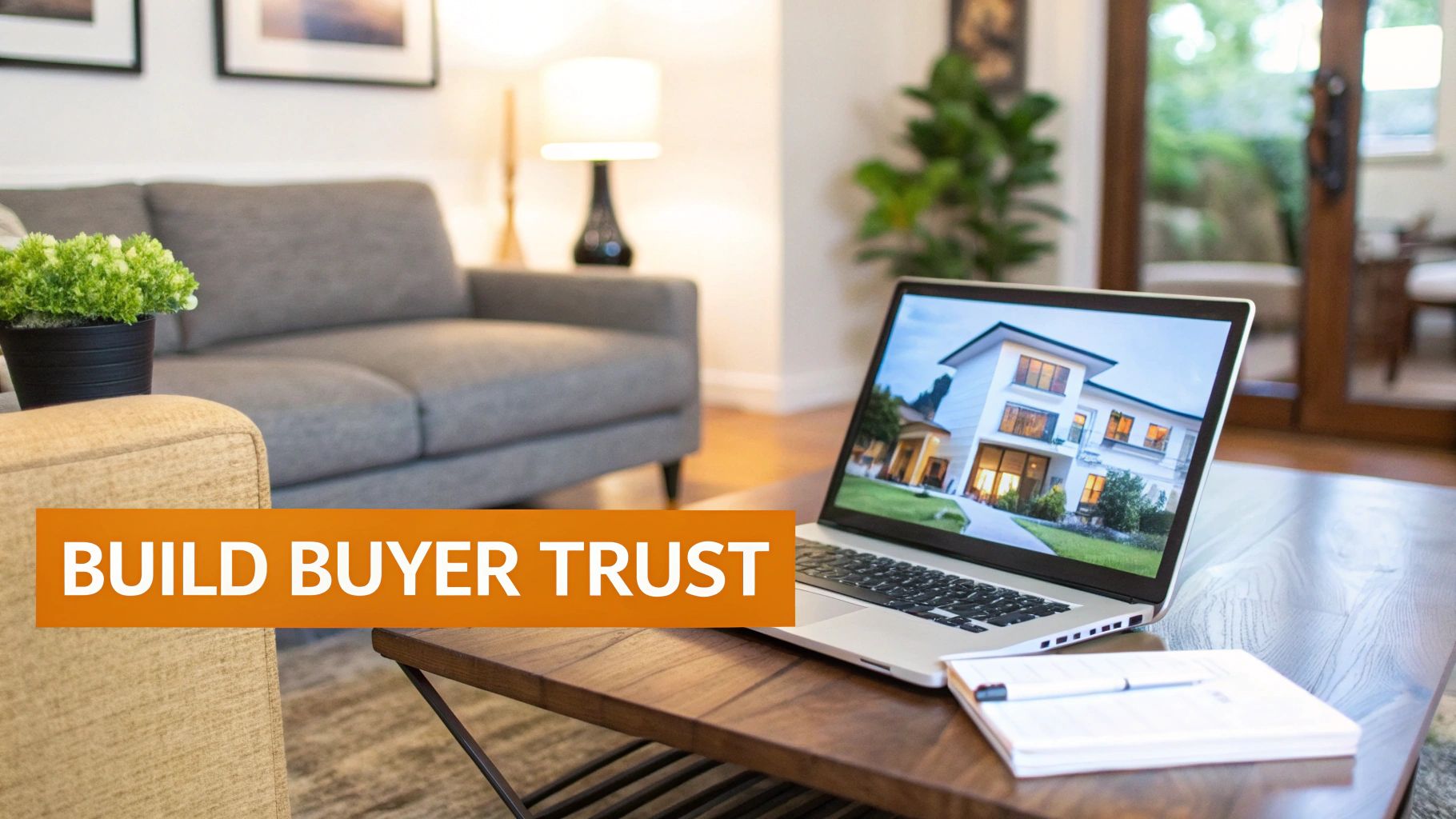 A laptop on a coffee table displays a modern house, with a living room and text 'BUILD BUYER TRUST'.