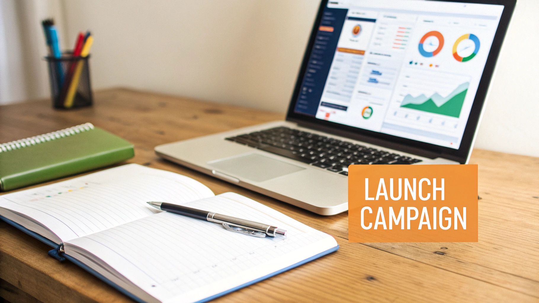 A desk setup featuring a laptop displaying charts, an open notebook with a pen, and a 'LAUNCH CAMPAIGN' sign.