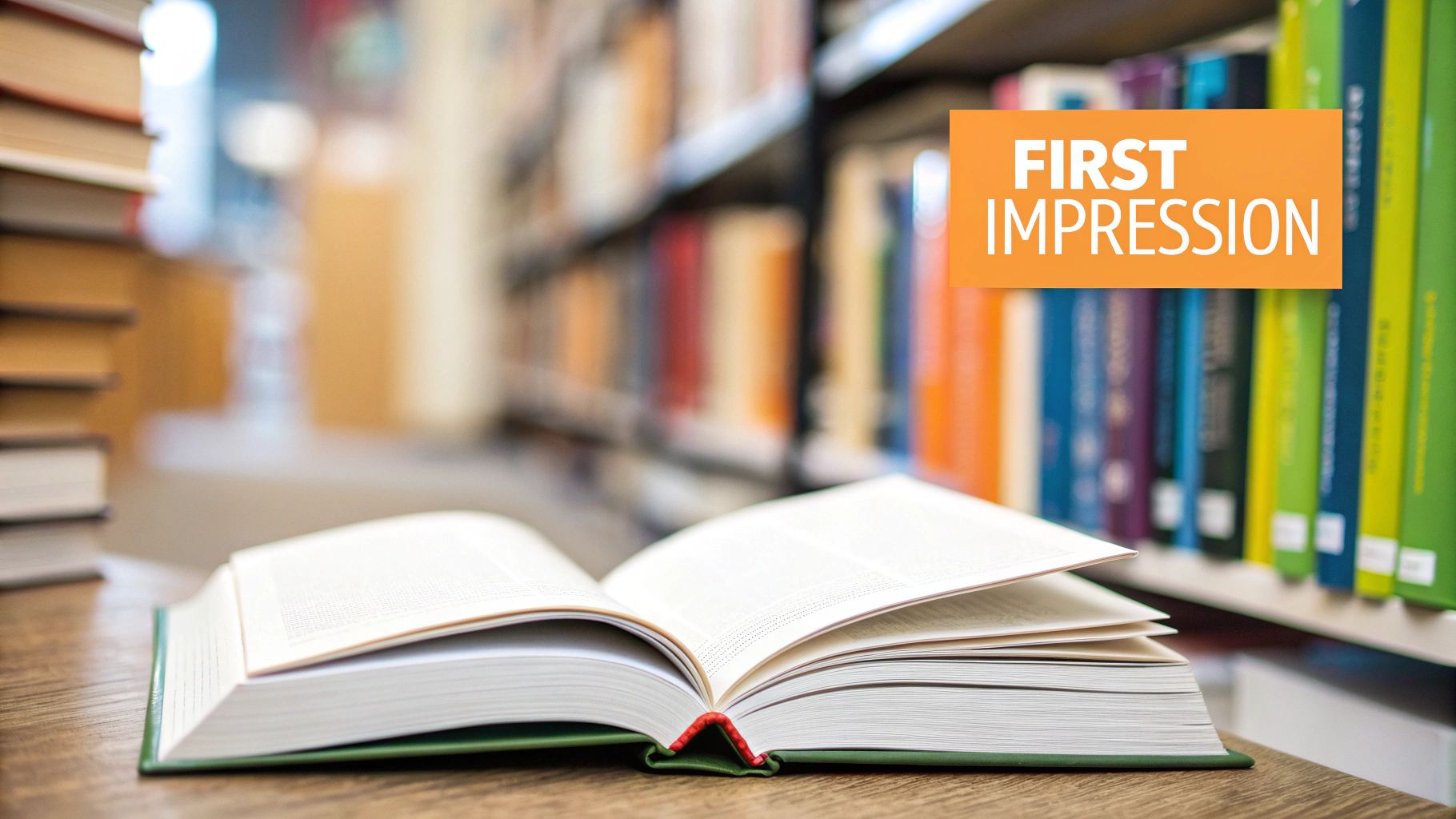 An open book on a wooden desk in a library with blurred bookshelves and a 'FIRST IMPRESSION' banner.