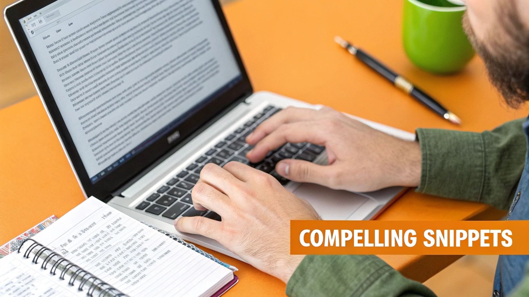 A person with a beard types on a laptop, with a notebook, pen, and mug on an orange desk.