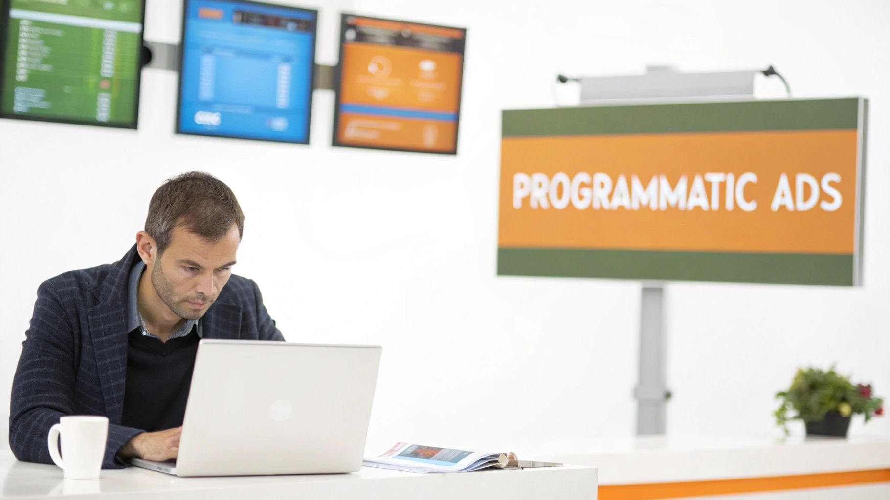 A man works on a laptop at a white desk in a modern office with multiple screens and a 'Programmatic Ads' sign.
