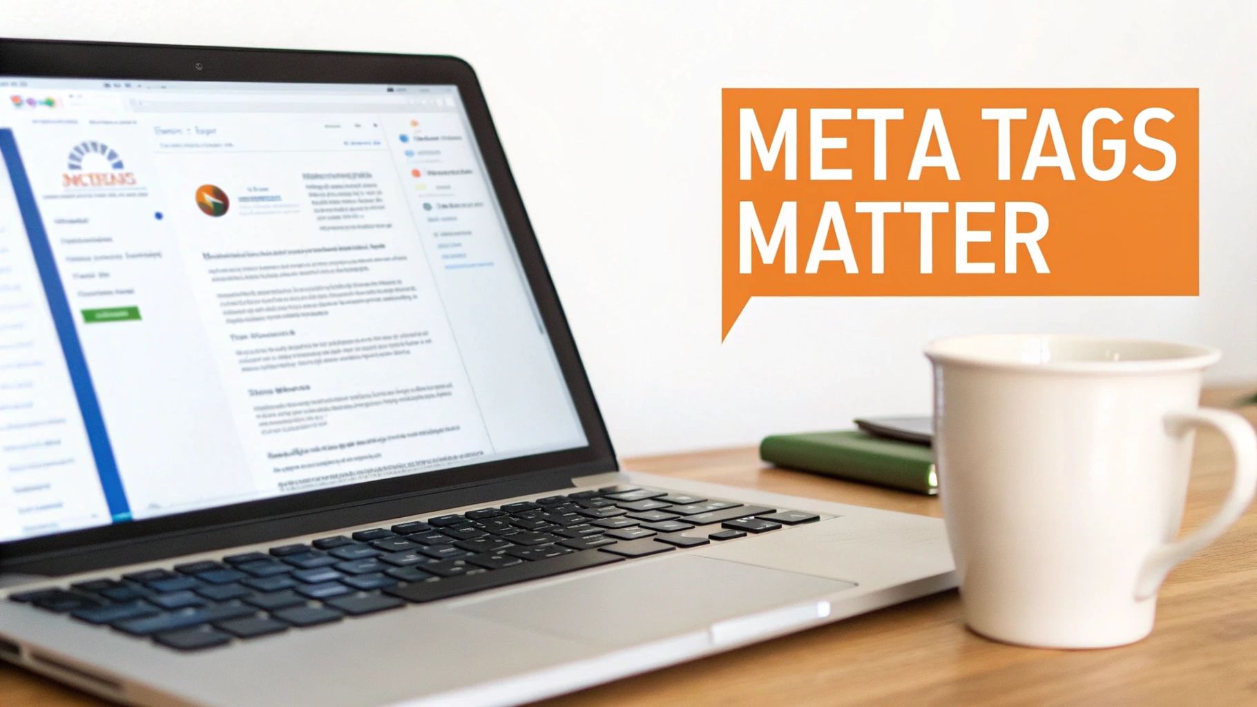A laptop with a webpage open, a coffee mug, and a speech bubble reading 'META TAGS MATTER' on a wooden desk.