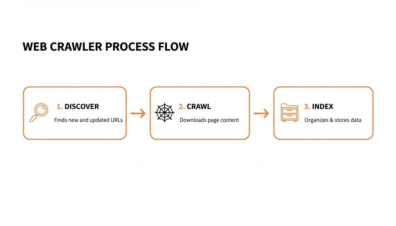 Diagram illustrating the three-step web crawler process flow: discover, crawl, and index.