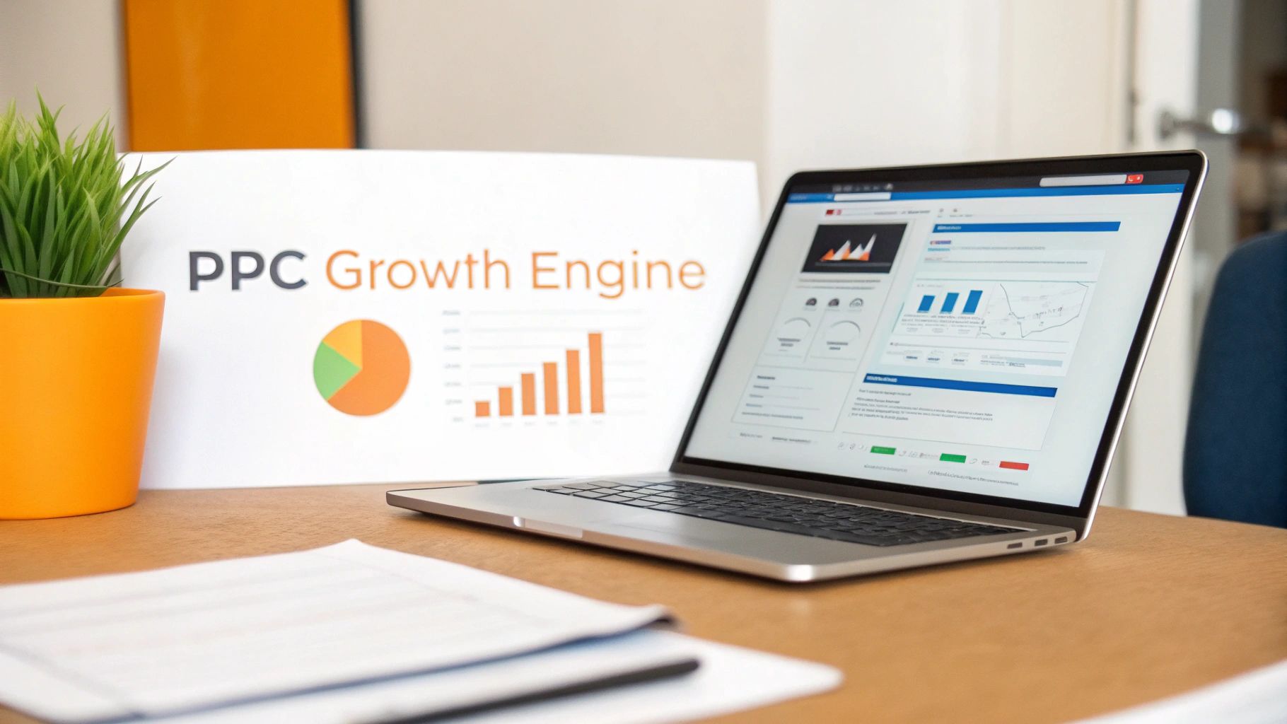 Laptop screen displaying marketing analytics next to a 'PPC Growth Engine' sign, suggesting digital advertising strategies.
