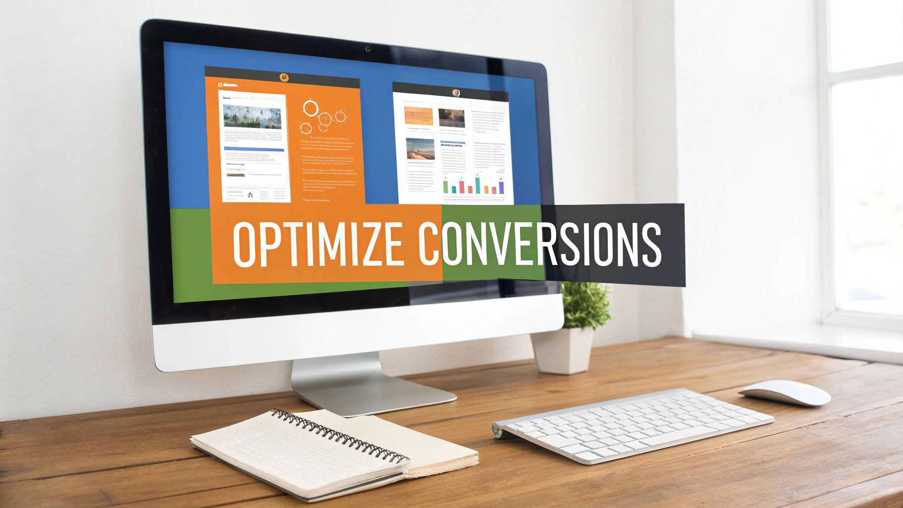 A computer monitor displaying marketing analytics and 'OPTIMIZE CONVERSIONS' text sits on a wooden desk.