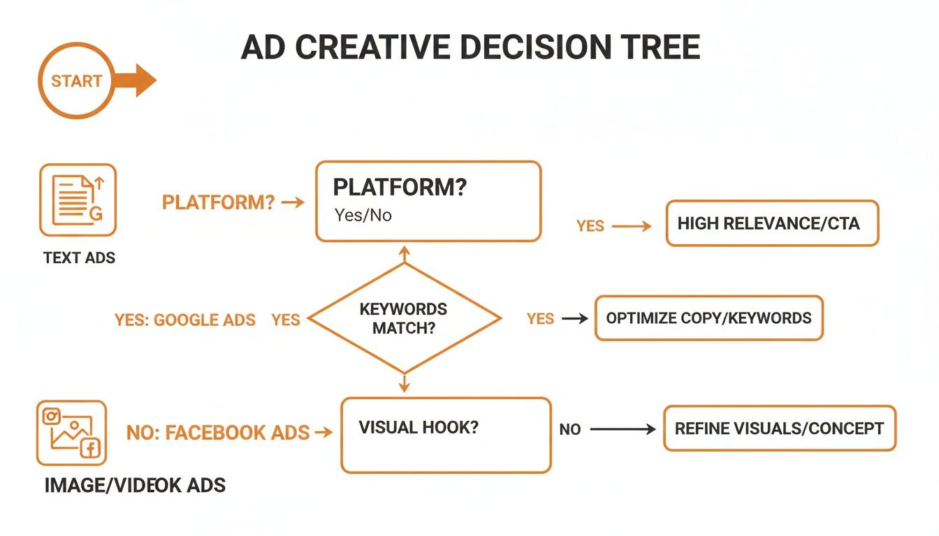 Decision tree guiding ad creative optimization for Google Ads (text) and Facebook Ads (visual) based on platform and content.