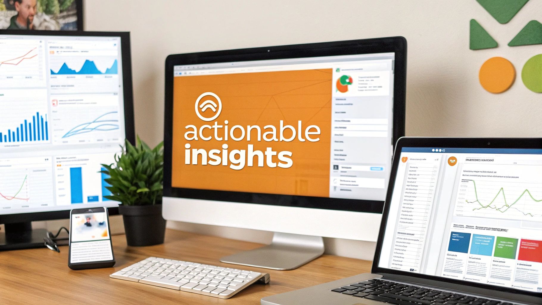 A modern desk setup with three screens and a smartphone displaying various data analytics and insights.