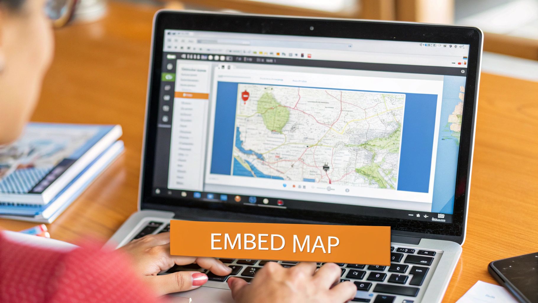 Person embedding a map on a website using a laptop, with books and a phone nearby.