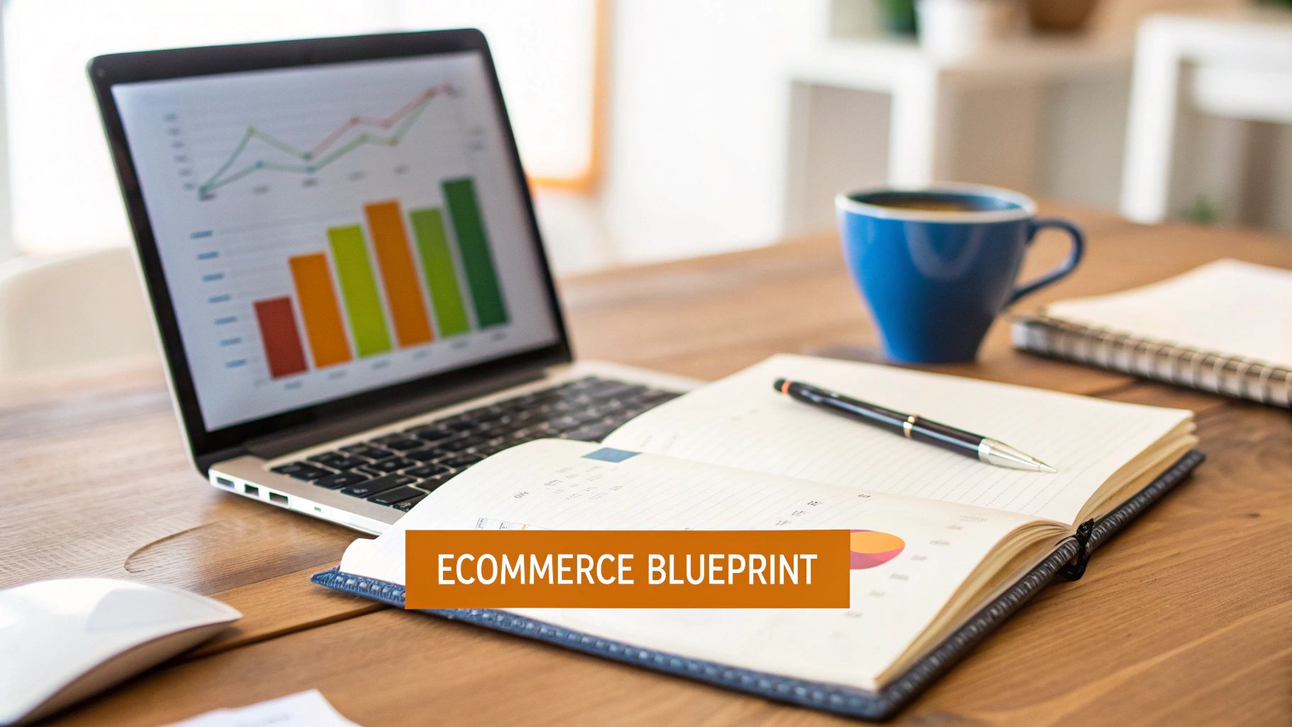 Laptop displaying business charts, an open notebook with a pen, and a coffee cup on a wooden desk for ecommerce planning.