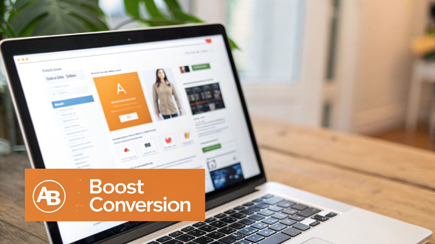 A laptop on a wooden desk displays an e-commerce website with products and an 'AB' logo promoting conversion optimization.