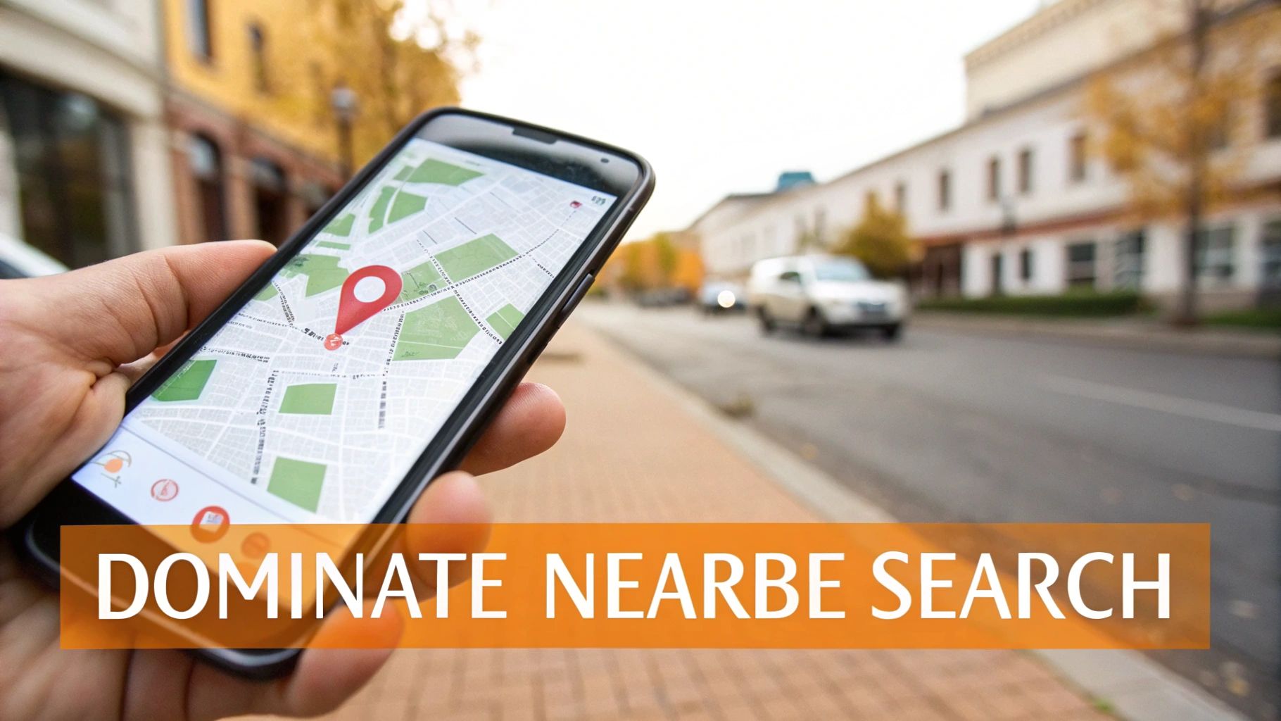 A hand holds a smartphone displaying a map with a red location pin, encouraging nearby search domination.