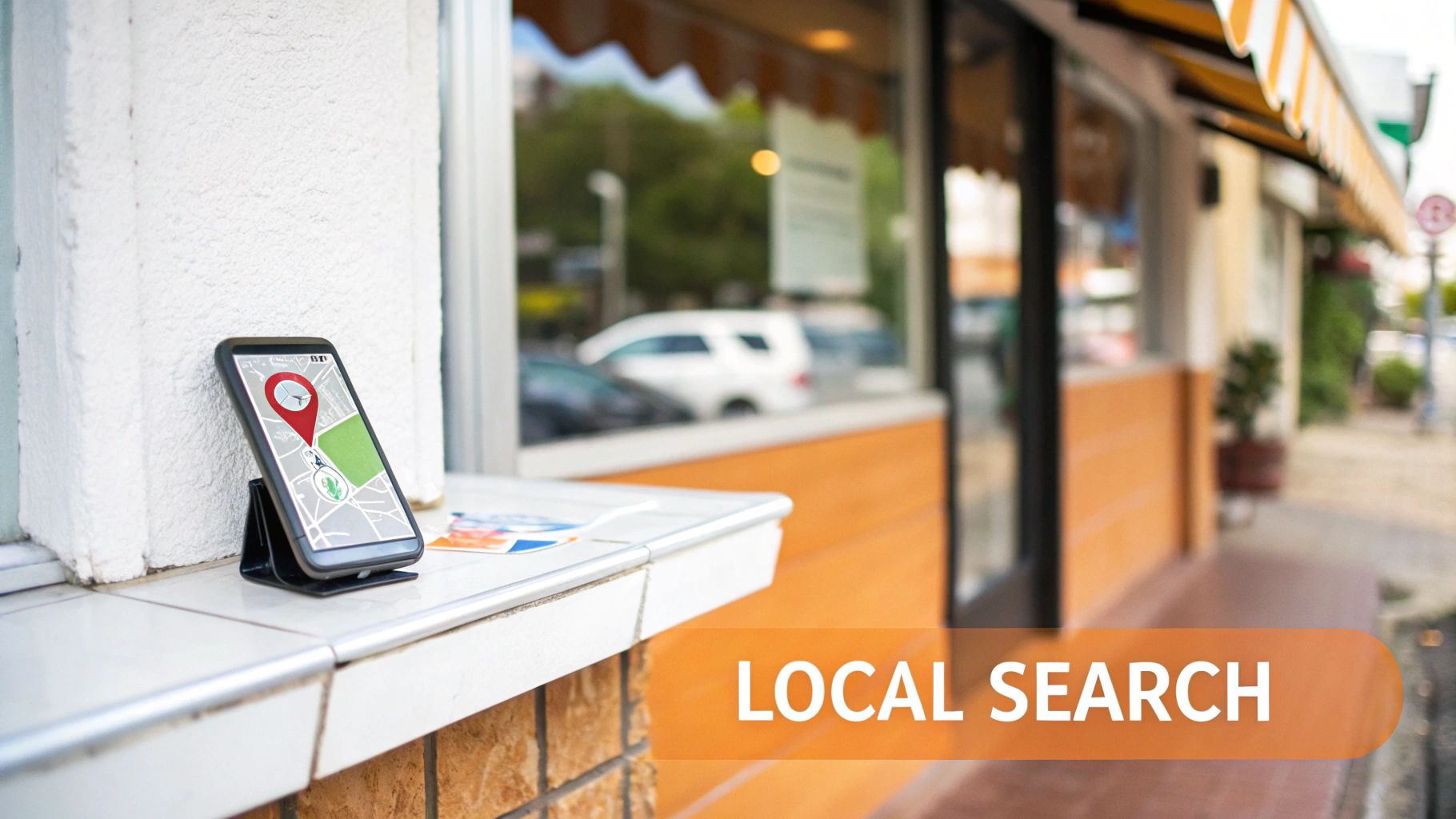 A smartphone displaying a map with a red location pin, illustrating local search for businesses.