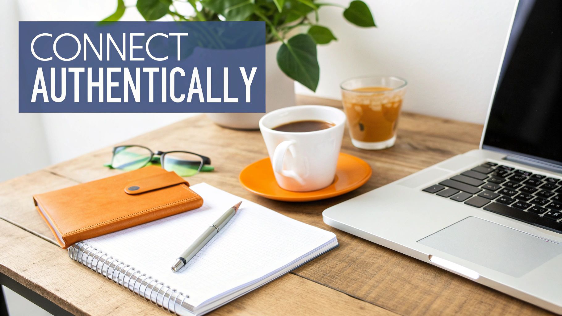 A work desk with a laptop, coffee, notebook, pen, glasses, and the text 'CONNECT AUTHENTICALLY'.